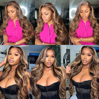 Pelucas de Cabello Humano con Ondas Corporales Color Miel con Reflejos, Pelucas Frontales de Encaje Completo 13x4, Cabello Humano con Encaje HD, Peluca con Reflejos Rubios Marrones