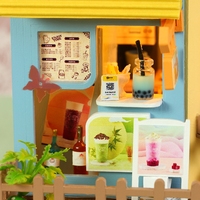 IIECREATE LED 3D Puzzle en bois K-1062 Boutique de thé au lait Kit miniature éducatif DIY Maison de poupée Écologique