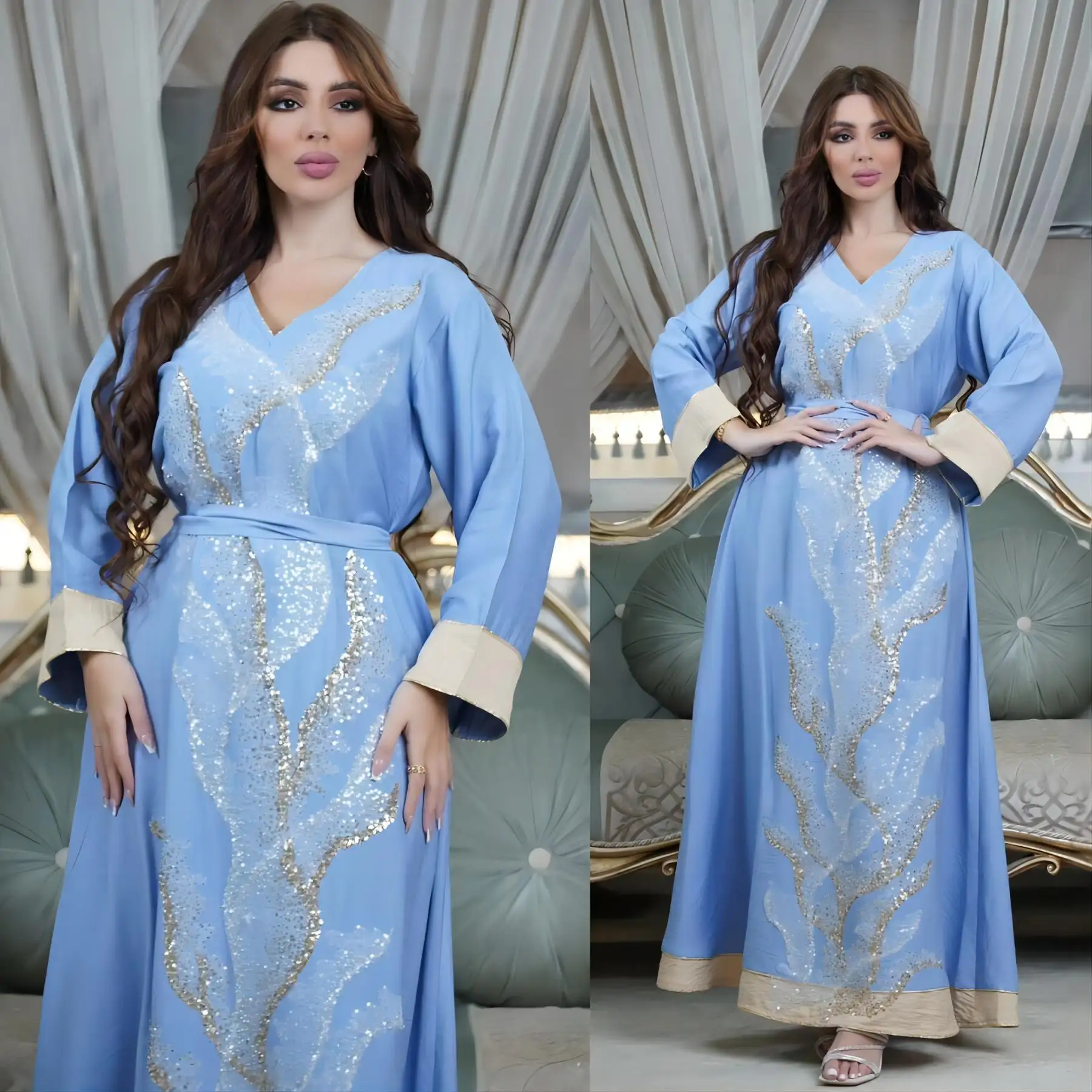 Sequins nakış Abaya Kaftan Dubai Kaftan elbise müslüman kadınlar için Eid elbise kemeri Kaftan lüks çarşaf İslami abiye