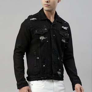 Custom <b>Black</b> Distressed Denim Jacket Wholesale <b>Paint</b> Splatter Accents Button Flap Chest Pockets Button Closures OEM USA Bulk Co - Product Image 1
