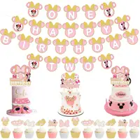 Roze Goud Minnie Prinses Thema Verjaardagsfeestje Decoratie Een Twee Gelukkige Verjaardag Banner Cartoon Mouse Boog-knoop Cake Topper