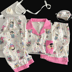 Set di <span class=keywords><strong>pigiama</strong></span> 3 pezzi da <span class=keywords><strong>donna</strong></span> con motivo a cartone animato con Top a maniche corte, pantaloncini e pantaloni lunghi per il Comfort di tutto il giorno - Product Image 3
