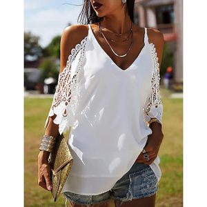 <b>Women's</b> V Neck <b>Cold</b> <b>Shoulder</b> <b>Top</b> Spaghetti Strap Lace Crochet Short Sleeve Breathable Regular Length 100% Polyester - Product Image 4