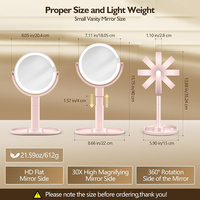 Miroir de Maquillage Portable LED Rose MS23 à Double Face avec Contrôle Tactile de la Luminosité, Grossissant et Pliable à 360°
