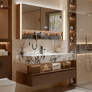 luxury modern wall mounted bathroom vanity cabinet with Bulgari Marble stone Countertop for hotel use - Product Image 4
