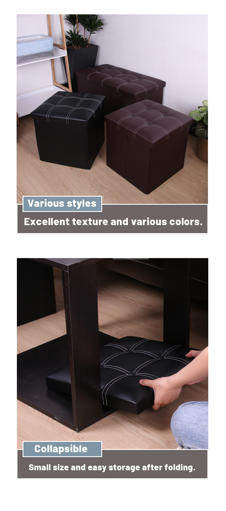 Large-capacity Folding Storage Stool With Buttons Storage Bench  For Bedroom Leather Ottoman