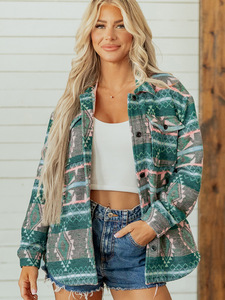 Vente en gros Nouvelle collection automne Veste chemise décontractée pour femme, style rétro occidental aztèque, imprimé tribal géométrique, coupe ample, avec poches - Product Image 1