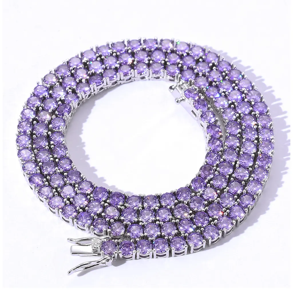 RQ Mens Hip Hop Jewelry 4MM purple color White Gold Iced Out Tennis Chain Necklace