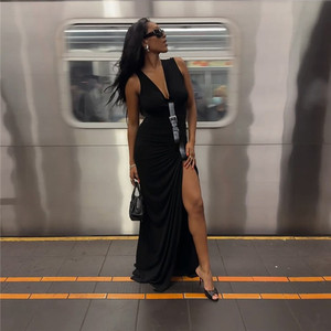 Abito da donna estivo con scollo a V, senza maniche, con fibbia in metallo, stile wild e <span class=keywords><strong>sexy</strong></span>, aderente, con arricciature laterali e spacco. - Product Image 2