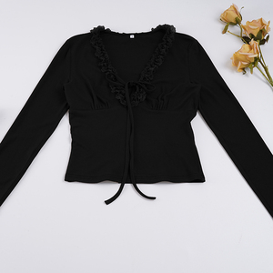 T-shirt à manches longues pour femme avec bordure en dentelle, col en V, noué devant, ajouré, ajusté, en tricot, couleur unie, élégant et décontracté - Product Image 6