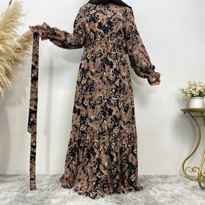 6373# Vintage Ethnic Floral Long Dress High Waist Muslim Women A-line Printed <b>Maxi</b> Dresses Islamic Clothing 3 Colors - Product Image 3