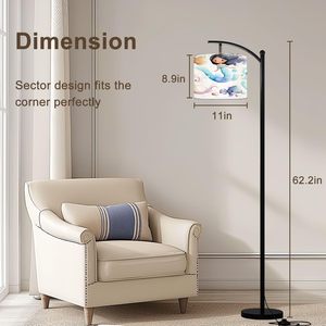 Lampadaire arc élégant et moderne Style tambour Aquarelle Dragon Animaux Design Abat-jour en fer réglable Télécommande à intensité variable - Product Image 2