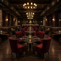 Meubles de restaurant haut de gamme Ron Group, banquette en cuir capitonné courbé, chaise à dossier haut en velours, table carrée en marbre
