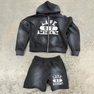 Custom Printed Autumn Fleece Street <strong>Style</strong> Hoodies and Shorts Sets Sun Faded Washed Zip-Up <strong>Tracksuit</strong> for Men - Product Image 5