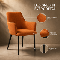 Ensemble de fauteuils de salle à manger rembourrés sur mesure, dossier effilé, accoudoirs incurvés, crème, bleu, orange brûlé, pieds noirs
