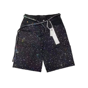 Custom Men's Harem Pants Distressed Denim Shorts Vintage Diamond Baggy Acid Wash Raw Hem All-rhinestone Design <b>Jeans</b> - Product Image 2
