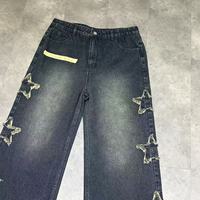 Pantalon en jean délavé personnalisé avec logo, style vintage, délavé au soleil, hip-hop, appliqués, coupe droite, décontracté, avec patchs