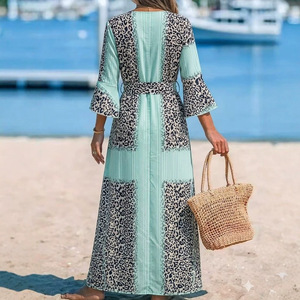 BYJ002 Robes d'été tendance pour femmes, décontractées et élégantes, imprimées léopard, col en V, manches évasées, à lacets, <span class=keywords><strong>robe</strong></span> longue ajustée, <span class=keywords><strong>plage</strong></span> - Product Image 5