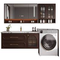 Meuble de salle de bain en bois massif avec vasque en céramique sans joint, meuble-lavabo pour machine à laver, armoire à miroir LED et coiffeuse