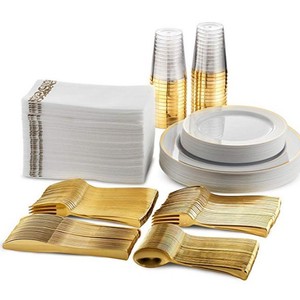 Ensemble de 70, 175, 350 ou 700 pièces : Assiettes jetables, verres à vin, couteaux, fourchettes et cuillères en plastique rigide PS, bordure <span class=keywords><strong>or</strong></span> rose, design ajouré - Product Image 5