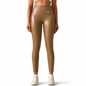 Leggings de Yoga Personalizados de Cintura Alta con <span class=keywords><strong>Efecto</strong></span> Levanta Glúteos y Control de Abdomen, de Nailon, Spandex y Cuero PU para Mujer, para Gimnasio, Yoga, Fitness, Entrenamiento y Running - Product Image 4