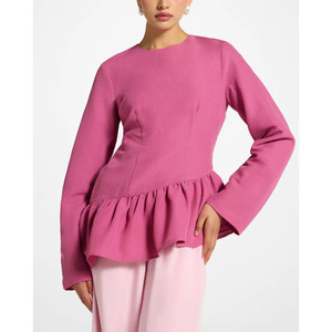 Chemisier asymétrique texturé à volants pour femme, élégant, col rond, manches longues, coupe trapèze, fermeture éclair au dos, tissé, premium, doux, pour l'été, style musulman - Product Image 2