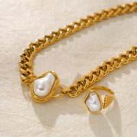 Nouveauté : Collier épais plaqué or 18 carats avec breloque perle baroque, étanche, en acier inoxydable, chaînes cubaines pour femmes