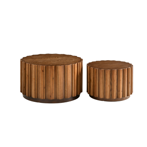 Set di 2 tavolini da caffè rotondi ad incastro in legno di noce, tavolini d'appoggio con corpo a doghe verticali, tavolini laterali rustici in stile farmhouse - Product Image 6