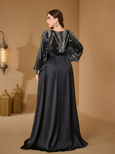 Combinaisons pour femmes à coupe aléatoire <span class=keywords><strong>avec</strong></span> traîne de cour, col rond, manches lanternes, paillettes brillantes, élégantes, pantalon évasé pour soirée et cocktail, 2 façons de porter - Product Image 5