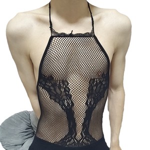 Men Sexy <b>Fishnet</b> Bodysuit Lace Suspender Black Sleeveless Knitted Breathable Sleepwear Summer G471 - Product Image 5
