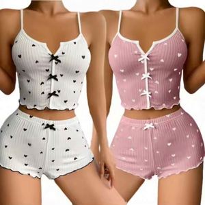 Conjunto de Pijama Casual para Mujer MHK09, Sexy, Ajustado, Transpirable, para Primavera, con Estampado de Corazones, Pantalones Cortos de Poliéster/Algodón - Product Image 1