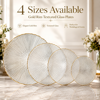 Assiettes de présentation en verre à bord doré, lot de vaisselle de mariage en cristal transparent côtelé, assiettes de dîner à louer, vente en gros directe d'usine, décoration de table de luxe