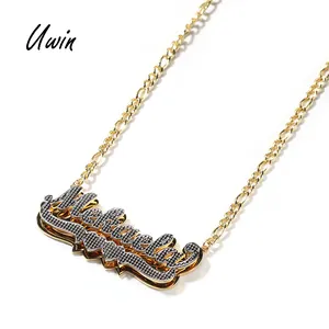 Uwin Custom Rvs 3D Naam Plaat Ketting Dubbele Plaat Brief Hanger Gepersonaliseerde Vintage Naam Ketting Hip Hop Sieraden