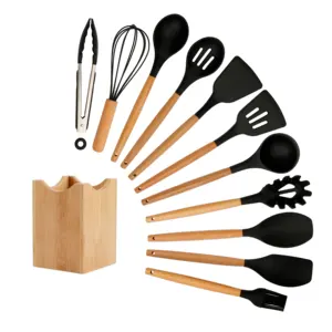 Utensílios de cozinha de silicone, conjunto de utensílios de cozinha com cabo de madeira, 12 peças, colorido