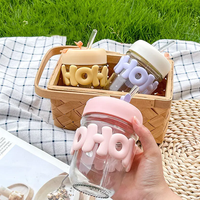 Bouteille d'eau portable en verre transparent de 350 ml, résistante à la chaleur, avec paille, pour filles, style INS, mignonne et de grande valeur