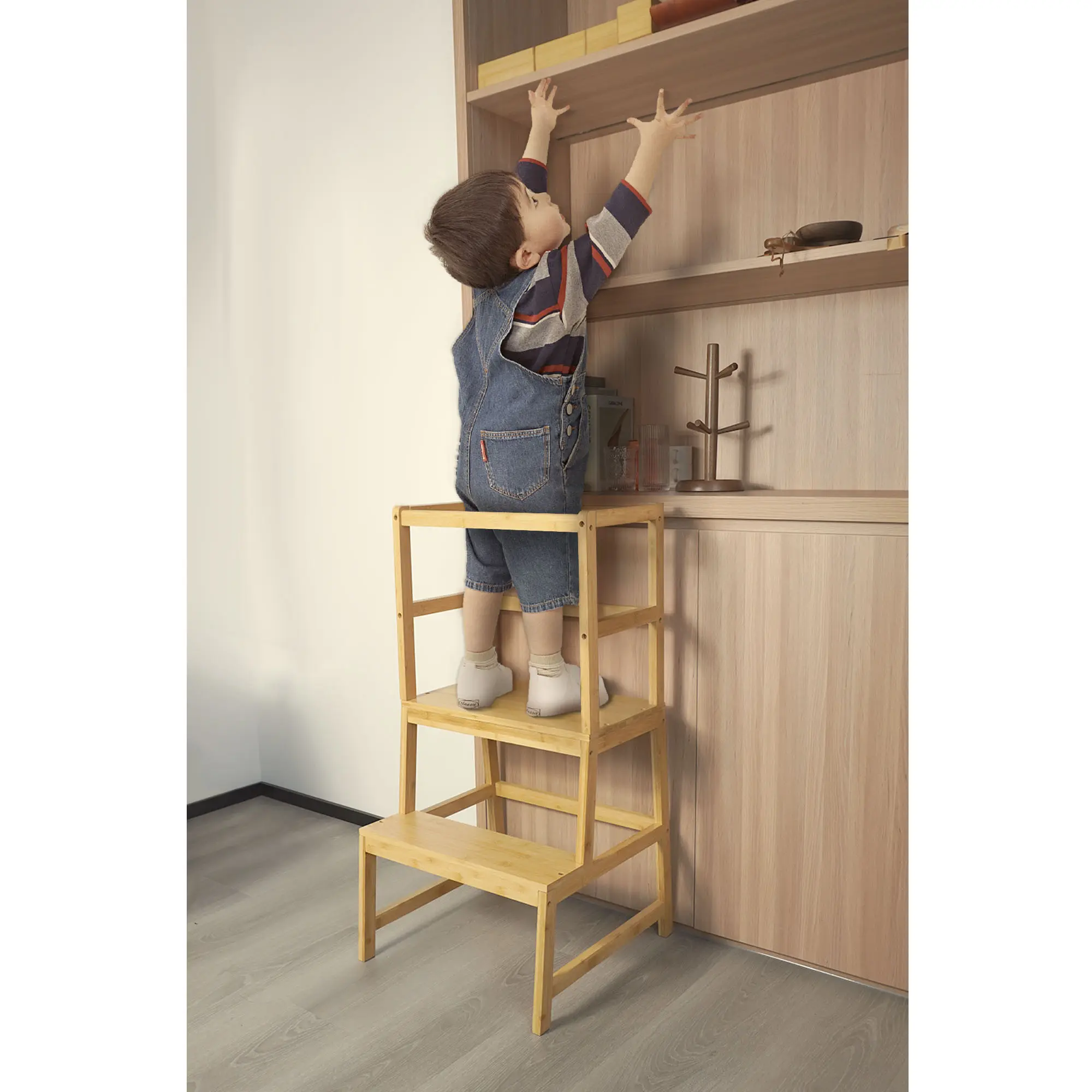 Adjustable Height Safety Bamboo Montessori Kids Learning Tower Toddler Stool Kitchen Step Helper Tower