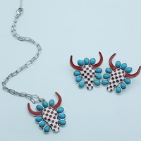 Ensemble Collier et Boucles d'Oreilles Rétro Nouveauté Tête de Taureau Cowboy Western en Alliage Navajo avec Turquoise Colorée Bijoux de Mode Vente en Gros