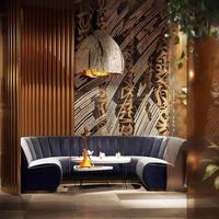 Canapé forme demi-ronde, 1 pièce, siège en tissu velours, table de restaurant