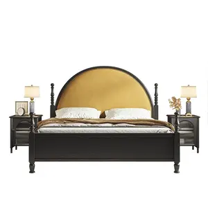 Американская винтажная старая деревянная двуспальная кровать из массива дерева 2,0 м, кровать с французской обивкой, римская бархатная кровать с колонной