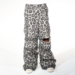Custom All Print Leopard Design Denim <b>Work</b> Pants High Quality Sun Faded Rhinestones Pants Removable Zipper Cargo Baggy <b>Jeans</b> Men - Product Image 1