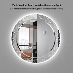 LED akıllı arka ışık büyük yuvarlak duvar aynası lazer gravür anti-sis zaman banyo aynası yaratıcı modelleme