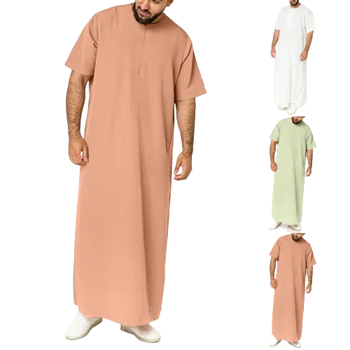 Großhandel Custom Middle East Abaya Dubai Herren Kaftan Reiß verschluss Blusen Kurzarm Roben Malaysia Casual Loose Robe