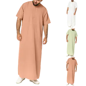 Wholesale Custom Middle East Abaya Dubai Men's Kaftan Zipper Blouses Short Sleeve Robes Malaysia Casual Loose Robe