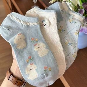 Chaussettes courtes pour femmes, bleues et blanches, à motif animal, respirantes, absorbant la transpiration, résistantes aux odeurs, en fibre de polyester - Product Image 2