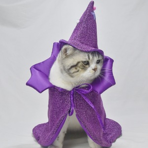 Magnifique costume d'Halloween pour animaux de compagnie, cape et chapeau violets scintillants pour chats, vêtements décoratifs pour animaux. - Product Image 2