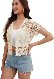 Boléro à manches courtes pour <span class=keywords><strong>femme</strong></span>, en dentelle crochetée, cardigan ouvert avec doublure en laine mohair - Product Image 2