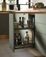 Vermonhouzz - Armoires de cuisine personnalisées en vert sauge, ensemble d'armoires modulaires à panneaux plats avec étagères en bois et îlot en marbre pour villa