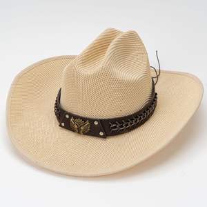 Chapeau de paille de cow-boy à large bord pour la plage, protection solaire, respirant, pour femmes et hommes, été, avec ceinture réglable, vente en gros à bas prix - Product Image 1