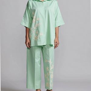 Conjunto Casual de Lino para Mujer, Primavera-Verano, Pantalones Anchos de Color Sólido, Camisa Tipo Cárdigan, Algodón Bordado, Atuendo Elegante - Product Image 1