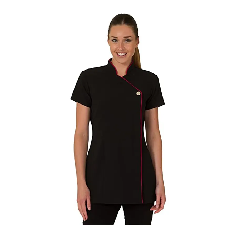 Contrast Trim Signature Button Beauty Tunic - Hairdressing Massage Therapist Spa Health Work Nail Salon Uniform